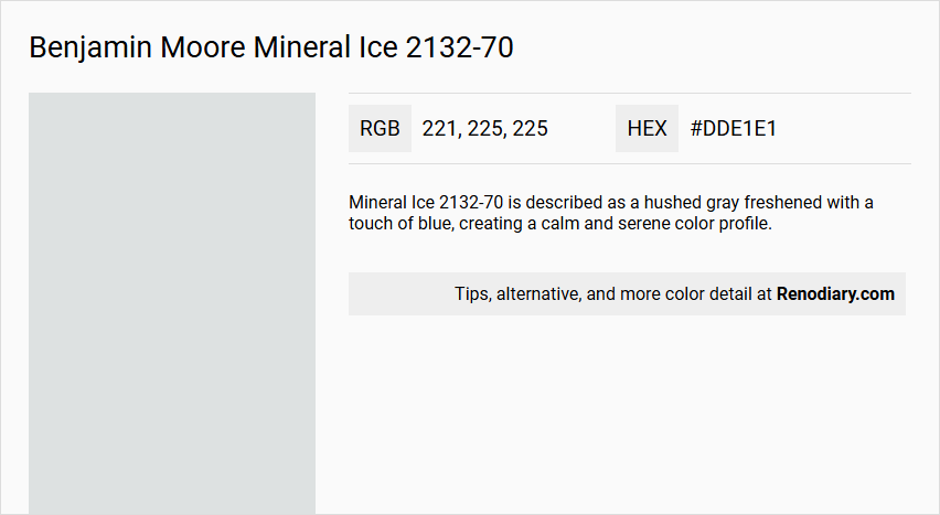 Benjamin Moore Mineral Ice 2132-70 (Light Gray) Color Name, Alternative, Detail and Wall Paint Usage